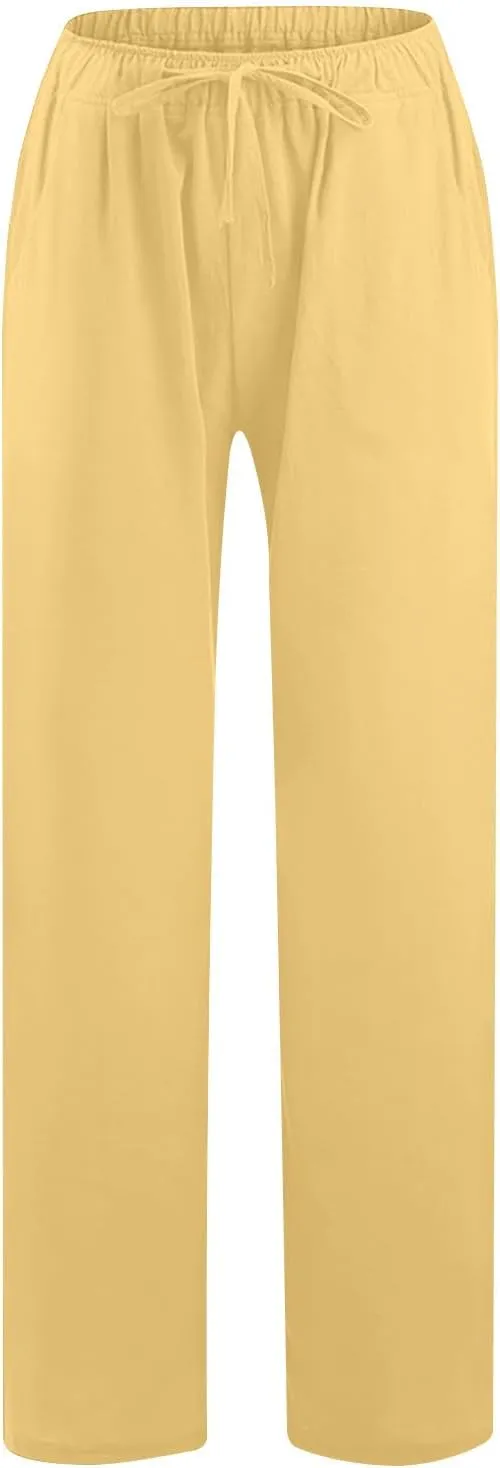 Women's Cotton Linen Palazzo Pants Drawstring Wide Leg Trousers High Waist Lightweight Pant Beach Vacation Clothes