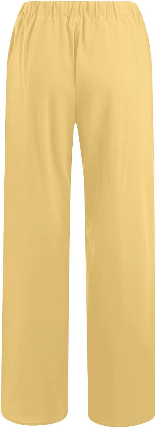 Women's Cotton Linen Palazzo Pants Drawstring Wide Leg Trousers High Waist Lightweight Pant Beach Vacation Clothes