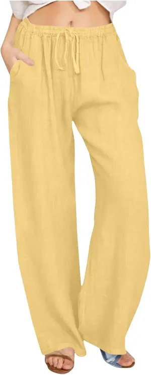 Women's Cotton Linen Palazzo Pants Drawstring Wide Leg Trousers High Waist Lightweight Pant Beach Vacation Clothes