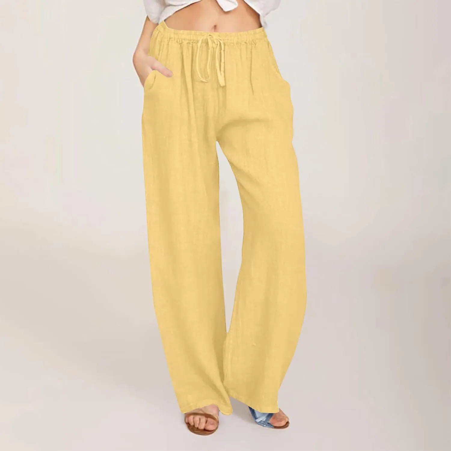 Women's Cotton Linen Palazzo Pants Drawstring Wide Leg Trousers High Waist Lightweight Pant Beach Vacation Clothes