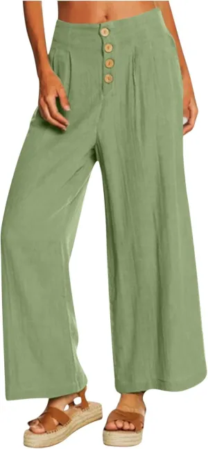 Womens Cotton Linen Pants 2024 Trendy Buttoned Wide Leg High Waist Trousers Flowy Lounge Travel Outfits with Pockets