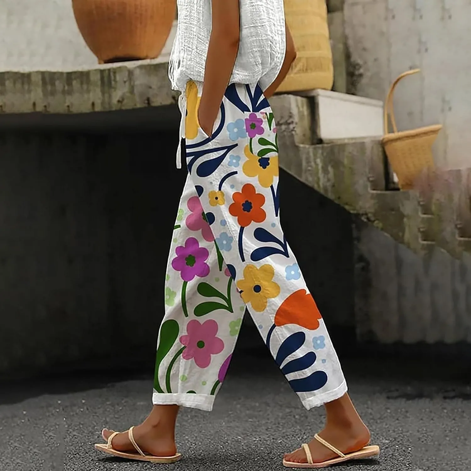 Women's Cotton Linen Pants Summer Casual Loose Boho Floral Elastic High Waisted Wide Leg Beach Trousers with Pockets