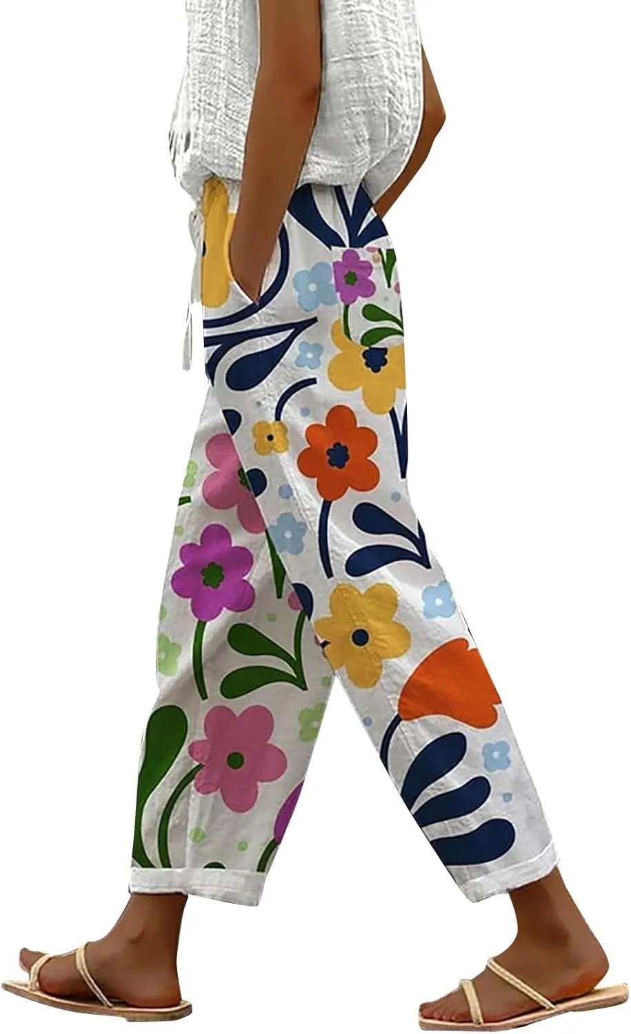 Women's Cotton Linen Pants Summer Casual Loose Boho Floral Elastic High Waisted Wide Leg Beach Trousers with Pockets
