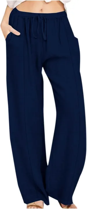 Women's Cotton Linen Pants Summer Drawstring Flowy Wide Leg Palazzo Pants Beach Vacation Trousers with Pockets