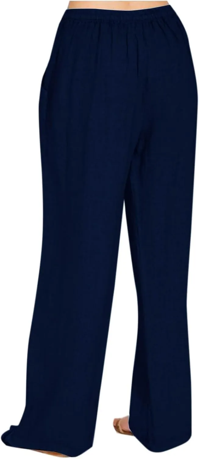 Women's Cotton Linen Pants Summer Drawstring Flowy Wide Leg Palazzo Pants Beach Vacation Trousers with Pockets