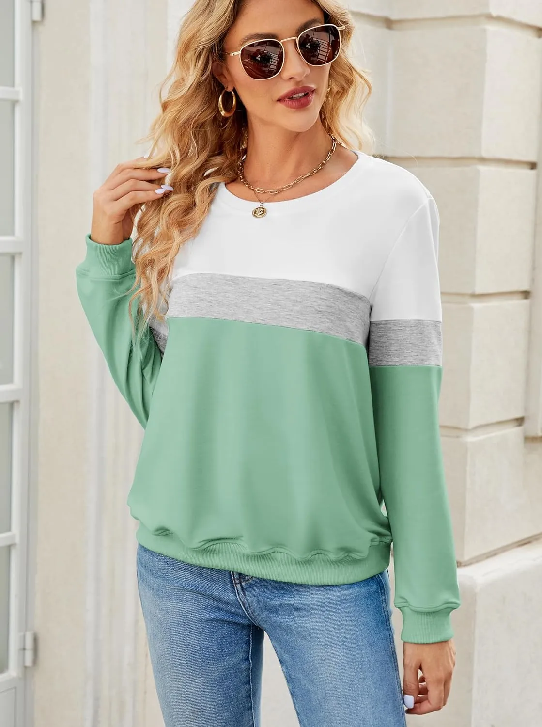 Womens Crew Neck Sweatshirt Colorblock Pullover Tops Casual Splicing Long Sleeve Lightweight Blouse Tee