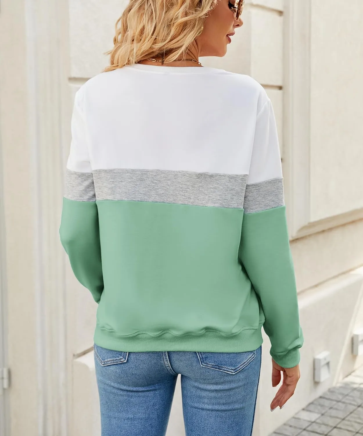 Womens Crew Neck Sweatshirt Colorblock Pullover Tops Casual Splicing Long Sleeve Lightweight Blouse Tee