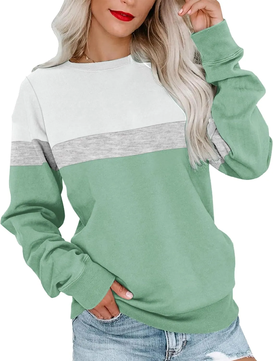 Womens Crew Neck Sweatshirt Colorblock Pullover Tops Casual Splicing Long Sleeve Lightweight Blouse Tee