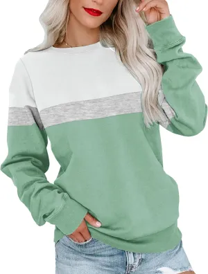 Womens Crew Neck Sweatshirt Colorblock Pullover Tops Casual Splicing Long Sleeve Lightweight Blouse Tee