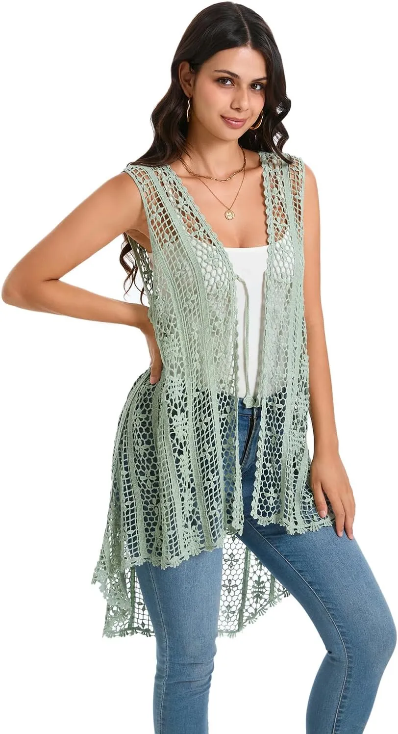Women's Crochet Vest Lightweight Boho Hollow Lace Cover up Floral Sleeveless Cardigan