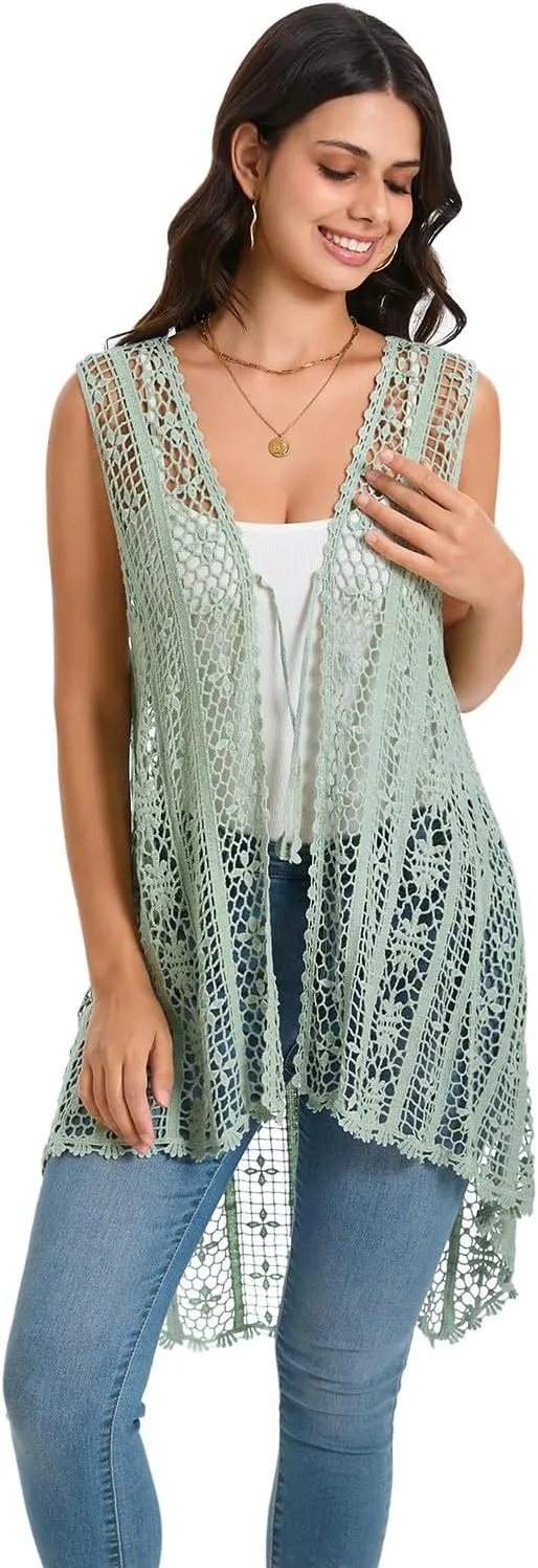 Women's Crochet Vest Lightweight Boho Hollow Lace Cover up Floral Sleeveless Cardigan