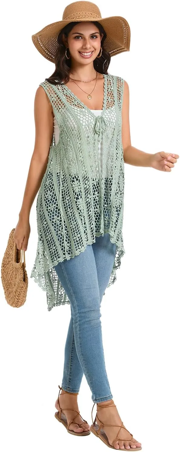 Women's Crochet Vest Lightweight Boho Hollow Lace Cover up Floral Sleeveless Cardigan