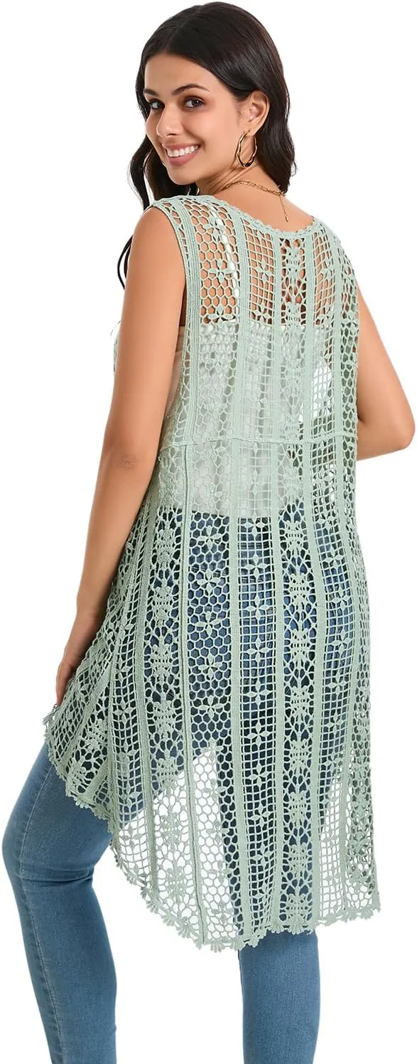Women's Crochet Vest Lightweight Boho Hollow Lace Cover up Floral Sleeveless Cardigan