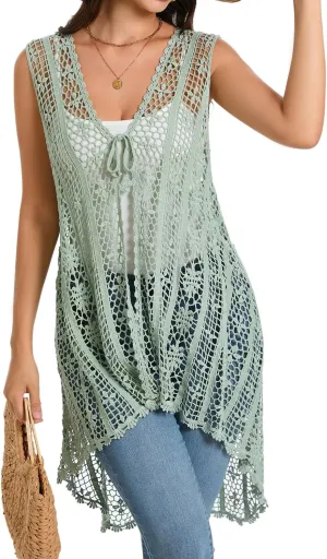 Women's Crochet Vest Lightweight Boho Hollow Lace Cover up Floral Sleeveless Cardigan