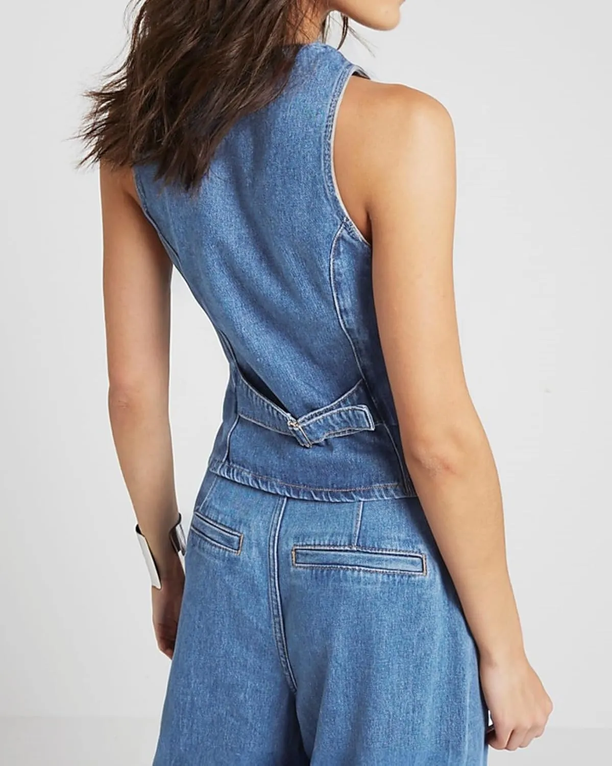 Womens Denim Vest Sleeveless V neck Button Down Casual Jean Suit Waistcoat Vest