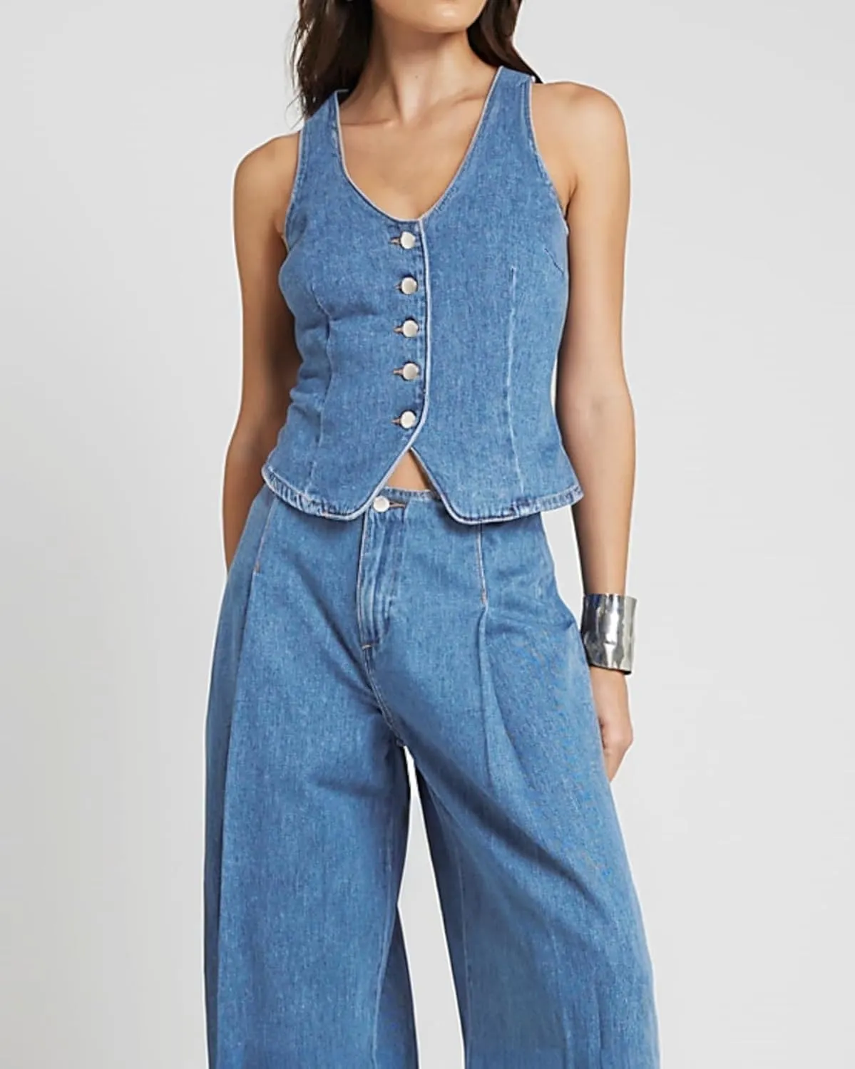 Womens Denim Vest Sleeveless V neck Button Down Casual Jean Suit Waistcoat Vest