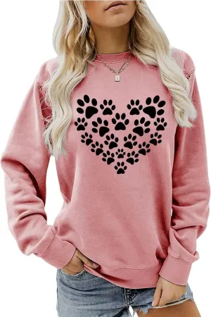 Womens Dog Mom Sweatshirts Cute Dog Paw Print Heart Graphic Long Sleeve Crewneck Casual Tee Tops