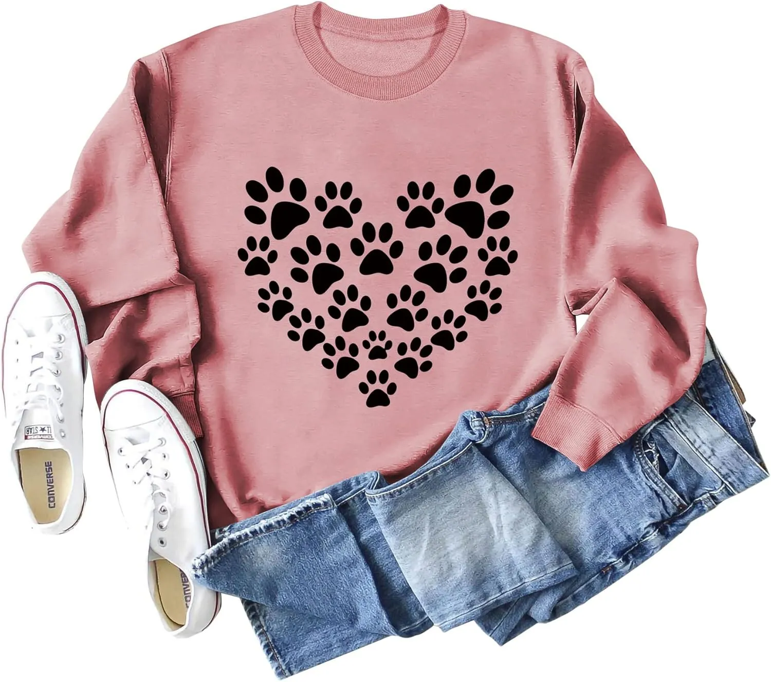 Womens Dog Mom Sweatshirts Cute Dog Paw Print Heart Graphic Long Sleeve Crewneck Casual Tee Tops
