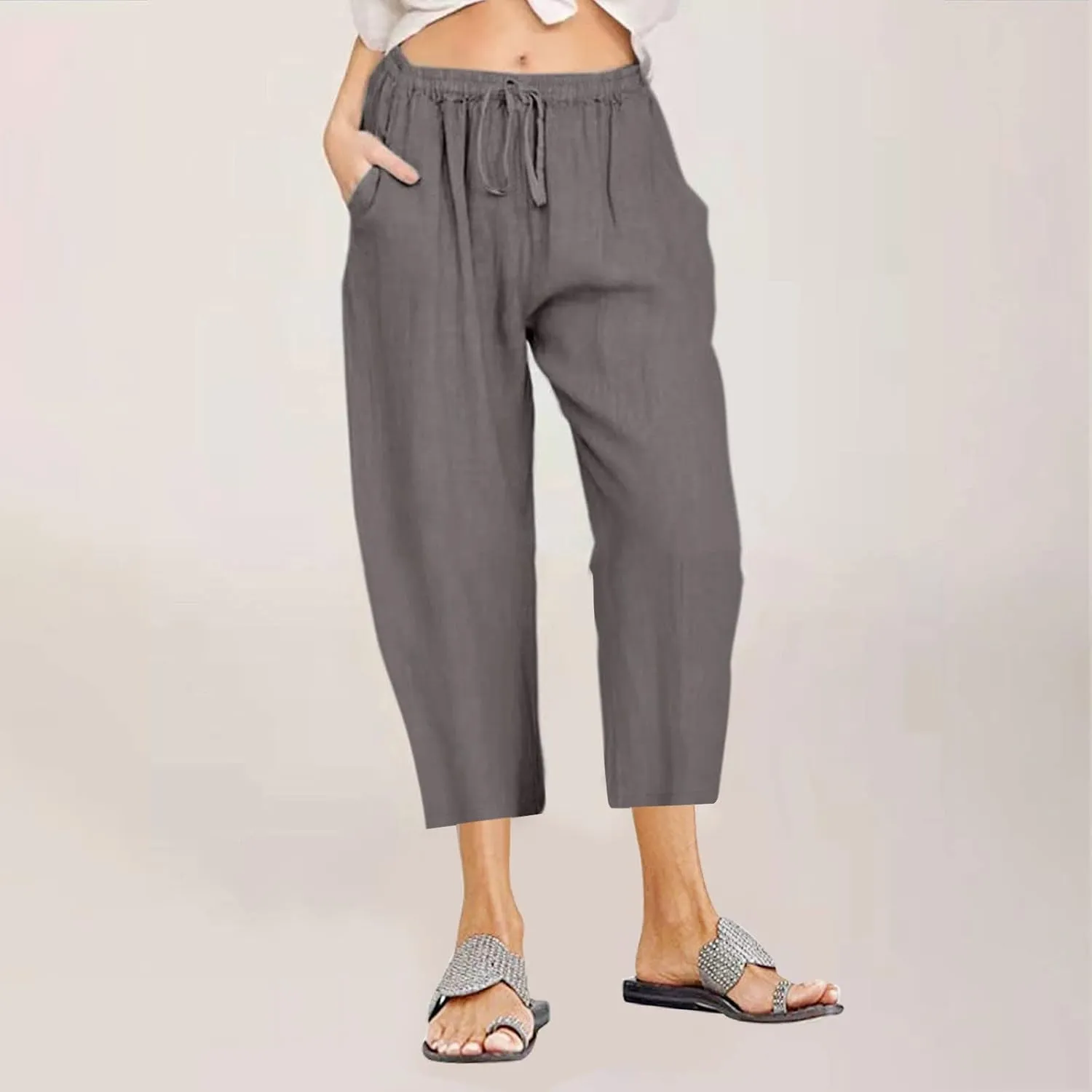 Women's Drawstring Linen Crop Pants Capris High Waisted Wide Leg Trousers Elastic Waist Summer Beach Pant with Pocket