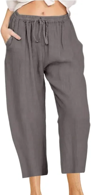 Women's Drawstring Linen Crop Pants Capris High Waisted Wide Leg Trousers Elastic Waist Summer Beach Pant with Pocket
