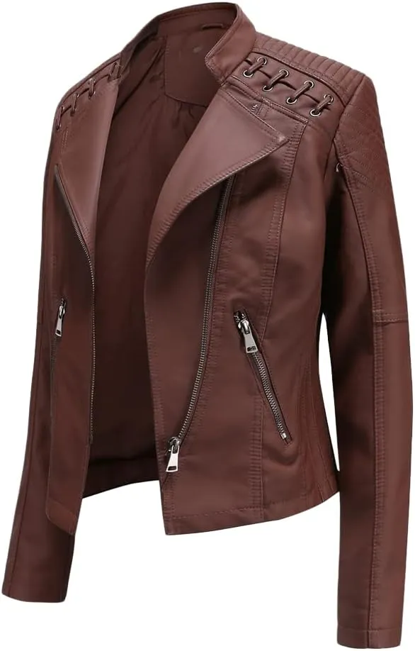 Women's Faux Leather Motorcycle Jacket Casual Fashion Lapel Zip Up Solid Color PU Cropped Biker Coat with Pockets