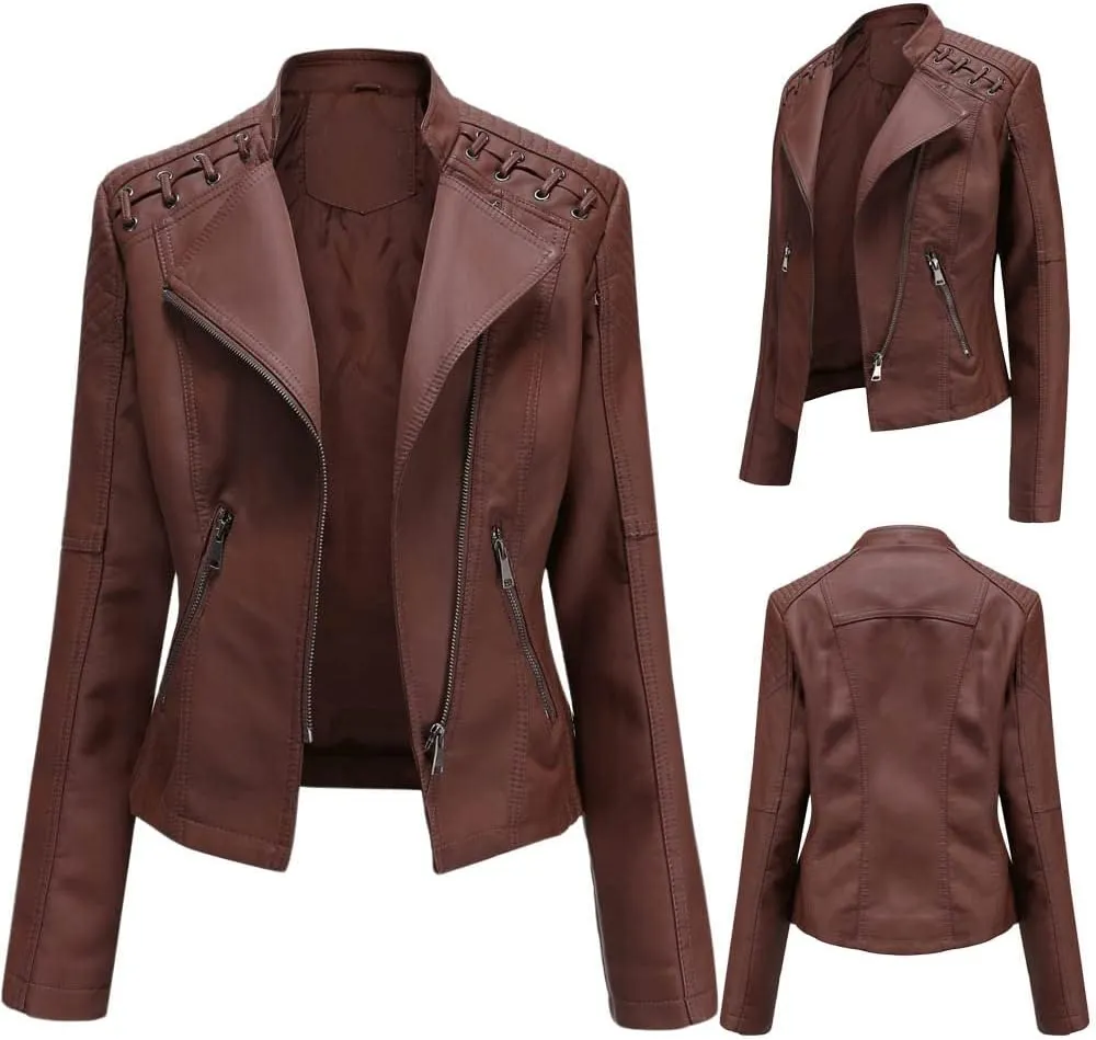 Women's Faux Leather Motorcycle Jacket Casual Fashion Lapel Zip Up Solid Color PU Cropped Biker Coat with Pockets