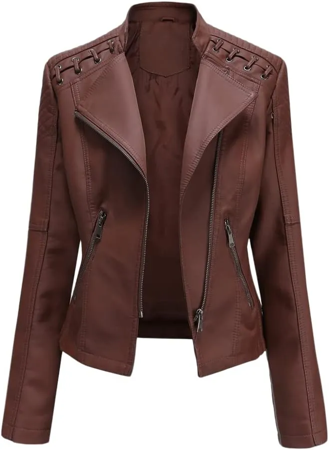 Women's Faux Leather Motorcycle Jacket Casual Fashion Lapel Zip Up Solid Color PU Cropped Biker Coat with Pockets