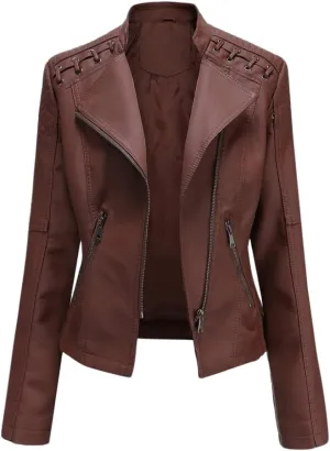 Women's Faux Leather Motorcycle Jacket Casual Fashion Lapel Zip Up Solid Color PU Cropped Biker Coat with Pockets