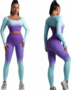 Women's Fitness Gym Outfit Yoga Crop Top & High Waisted Leggings Ombre 2 Pc Set