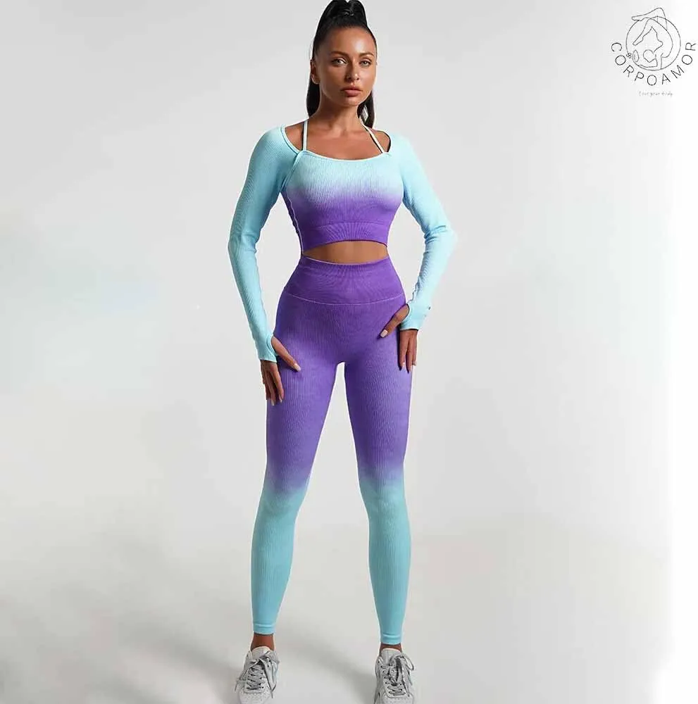 Women's Fitness Gym Outfit Yoga Crop Top & High Waisted Leggings Ombre 2 Pc Set