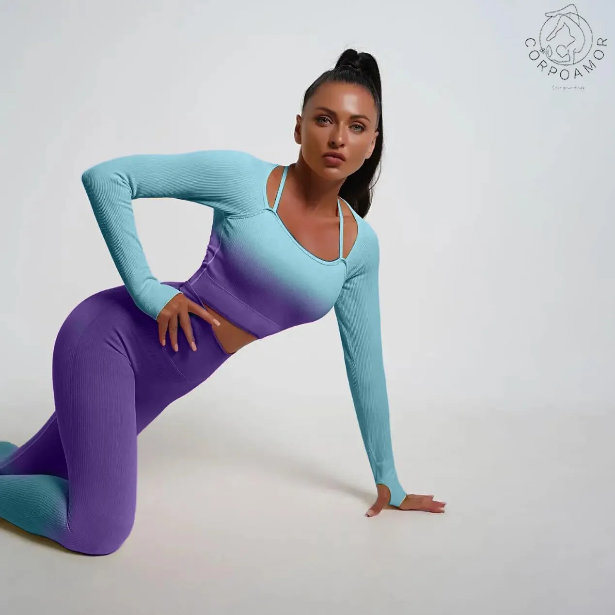 Women's Fitness Gym Outfit Yoga Crop Top & High Waisted Leggings Ombre 2 Pc Set