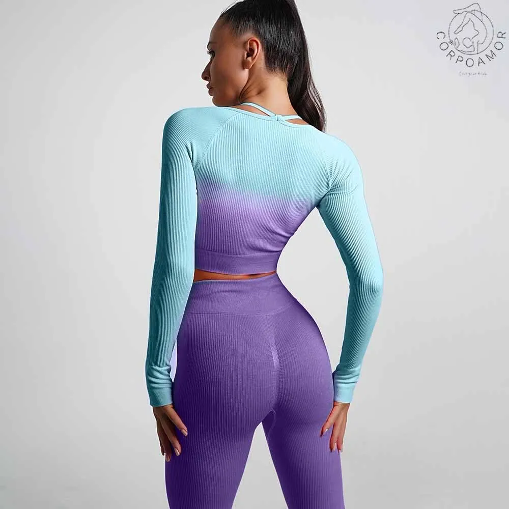 Women's Fitness Gym Outfit Yoga Crop Top & High Waisted Leggings Ombre 2 Pc Set