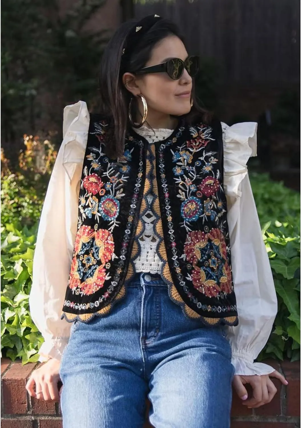 Women's Floral Embroidered Vest Boho Vintage Sleeveless Open Front Crop Cardigan Waistcoat