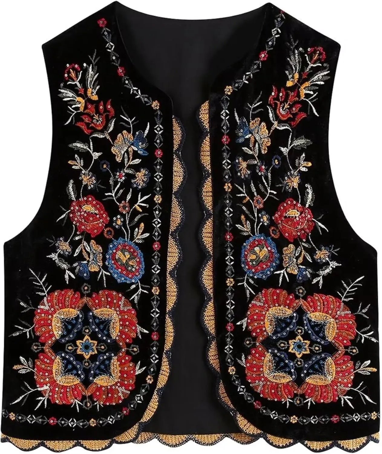 Women's Floral Embroidered Vest Boho Vintage Sleeveless Open Front Crop Cardigan Waistcoat