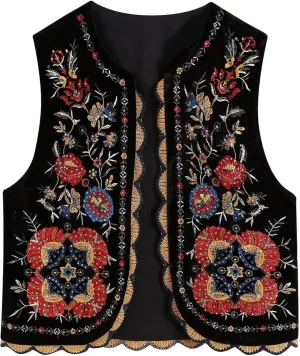 Women's Floral Embroidered Vest Boho Vintage Sleeveless Open Front Crop Cardigan Waistcoat