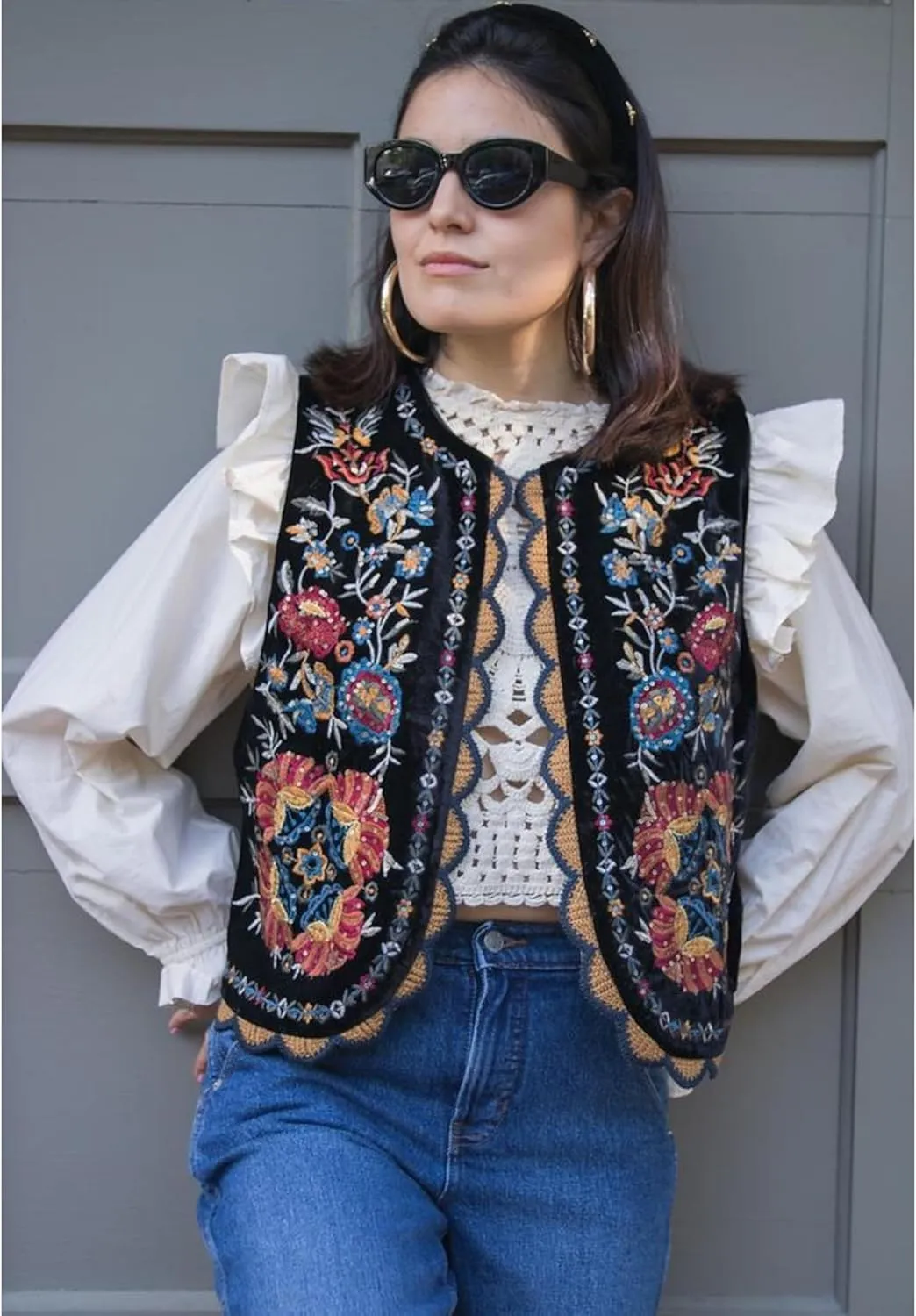 Women's Floral Embroidered Vest Boho Vintage Sleeveless Open Front Crop Cardigan Waistcoat