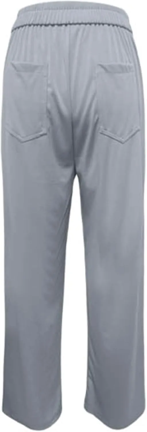 Women's High Waist Casual Pants Summer Stretchy Straight Wide Leg Trendy Flowy Pants with Pockets Loose Trousers