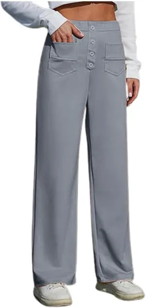 Women's High Waist Casual Pants Summer Stretchy Straight Wide Leg Trendy Flowy Pants with Pockets Loose Trousers