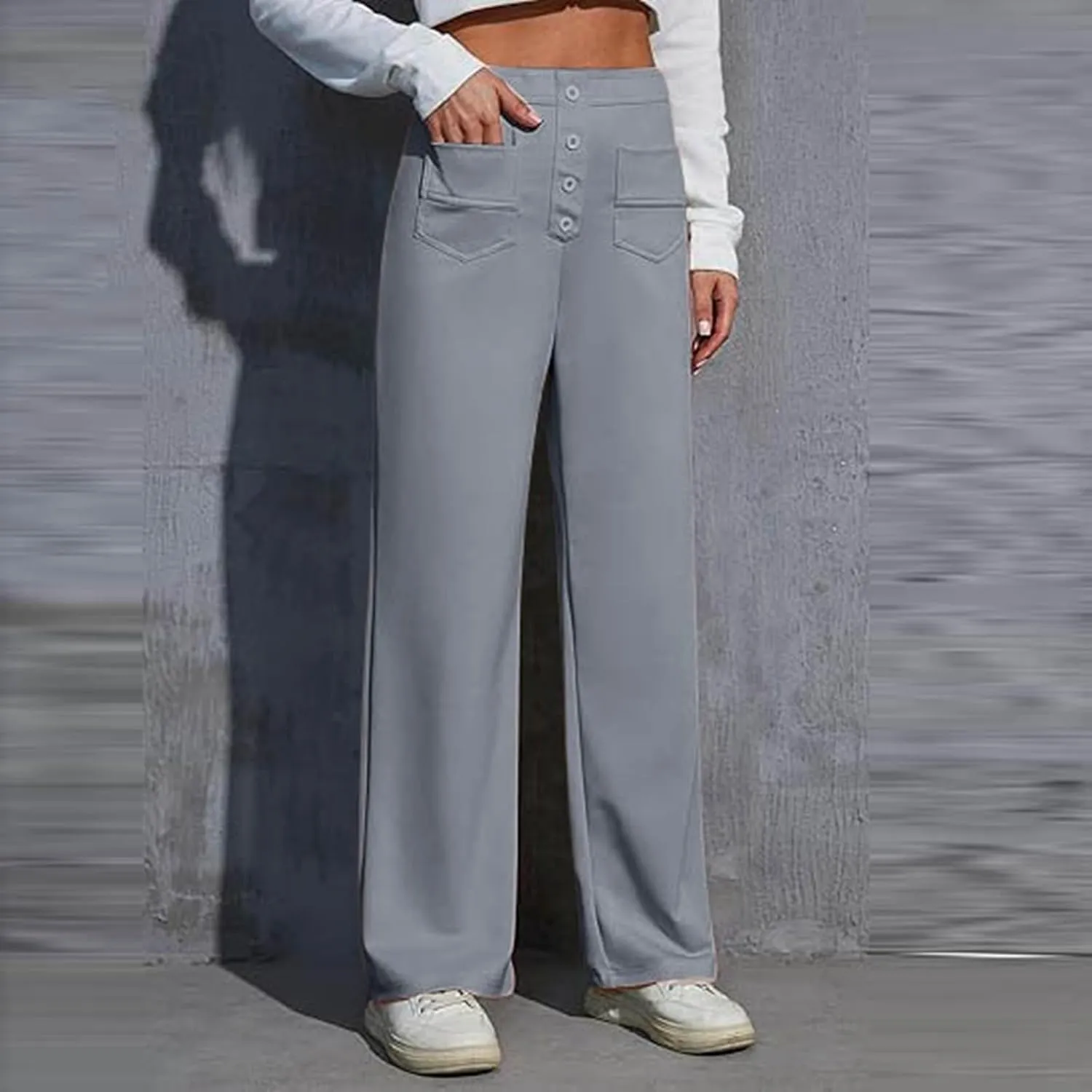 Women's High Waist Casual Pants Summer Stretchy Straight Wide Leg Trendy Flowy Pants with Pockets Loose Trousers