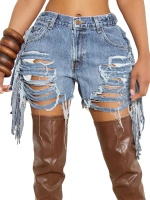 Women's High Waist Ripped Denim Shorts Tassels Hem Distressed Stretchy Trendy Summer Jean Shorts