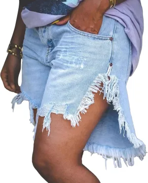 Women's High Waist Ripped Denim Shorts Tassels Hem Distressed Stretchy Trendy Summer Jean Shorts