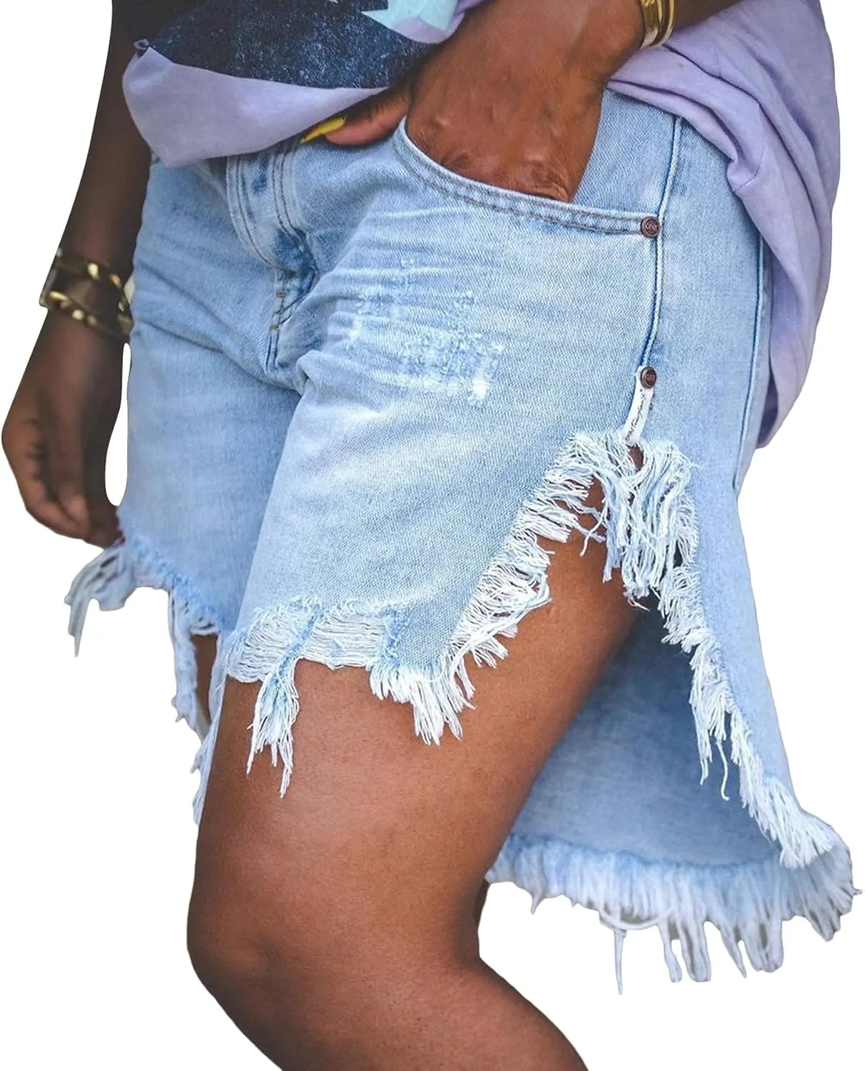 Women's High Waist Ripped Denim Shorts Tassels Hem Distressed Stretchy Trendy Summer Jean Shorts