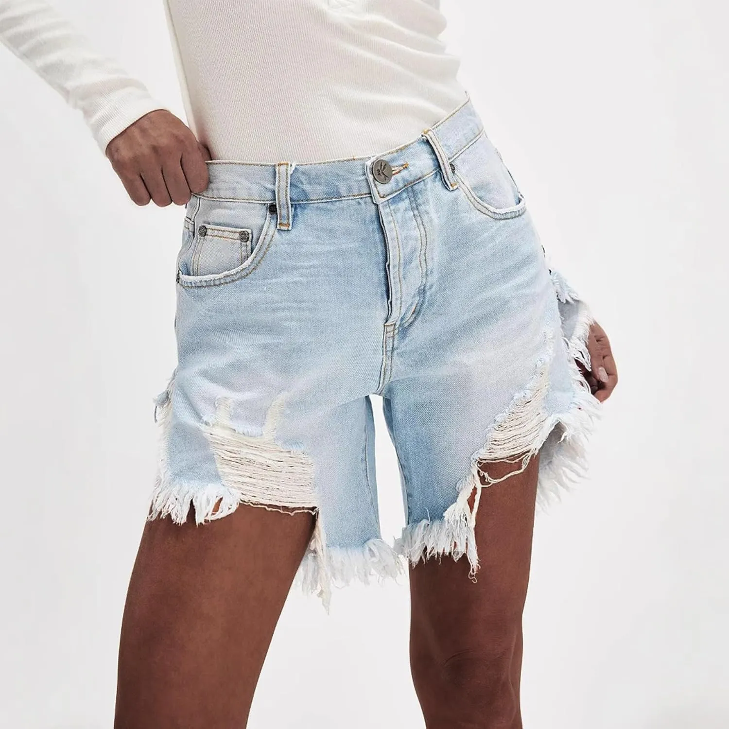 Women's High Waist Ripped Denim Shorts Tassels Hem Distressed Stretchy Trendy Summer Jean Shorts