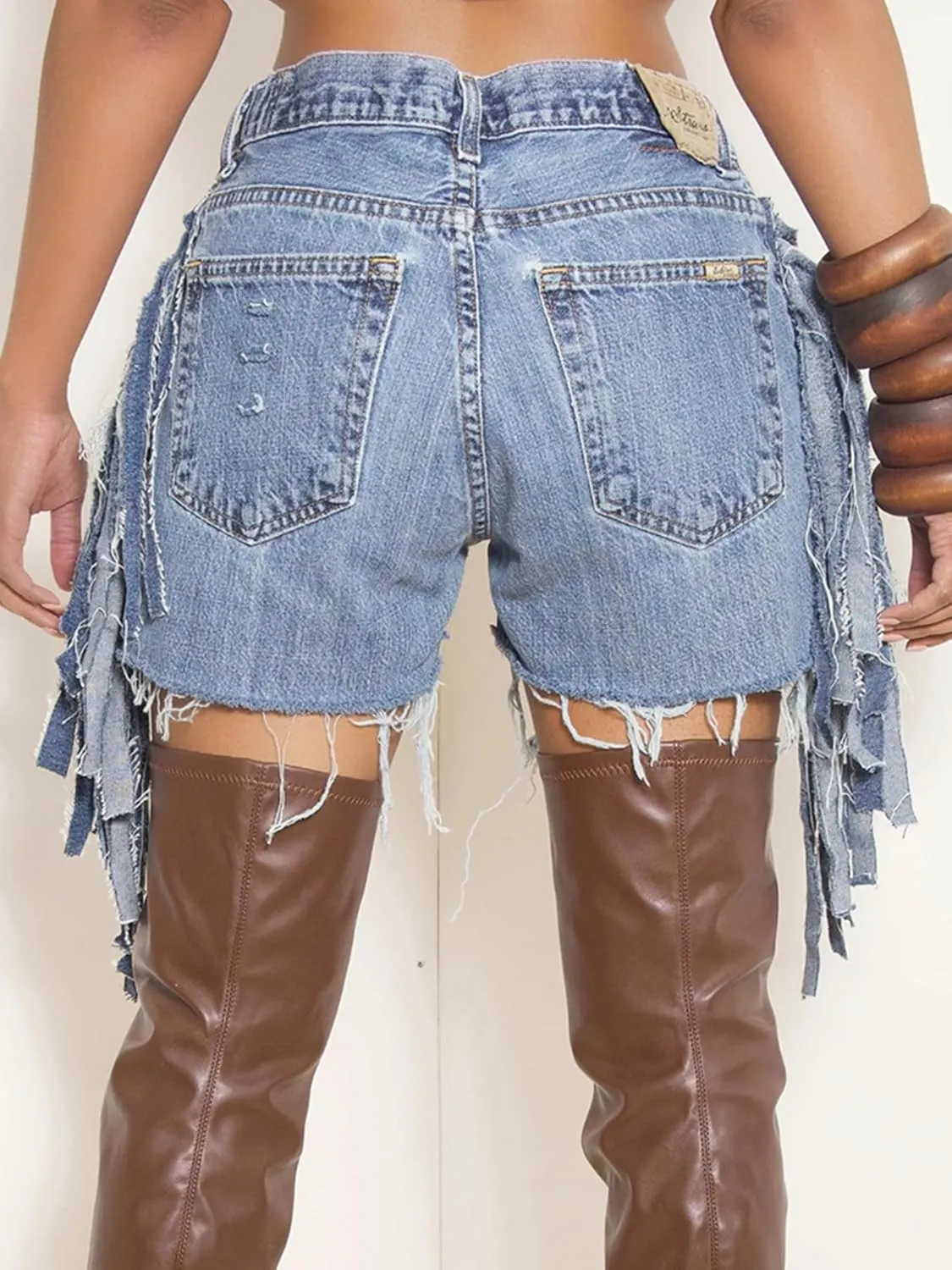 Women's High Waist Ripped Denim Shorts Tassels Hem Distressed Stretchy Trendy Summer Jean Shorts