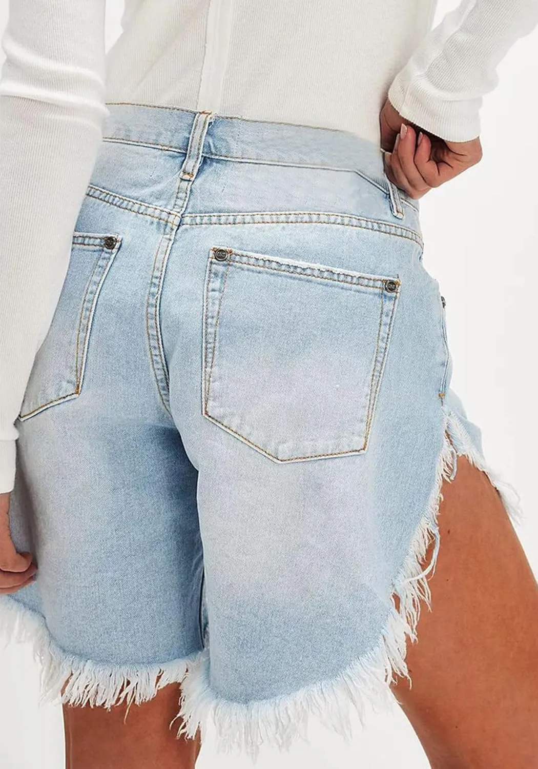 Women's High Waist Ripped Denim Shorts Tassels Hem Distressed Stretchy Trendy Summer Jean Shorts