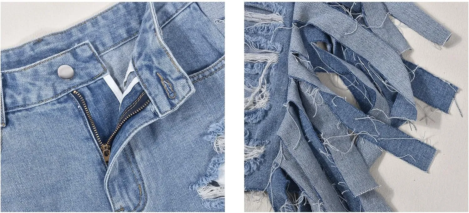 Women's High Waist Ripped Denim Shorts Tassels Hem Distressed Stretchy Trendy Summer Jean Shorts