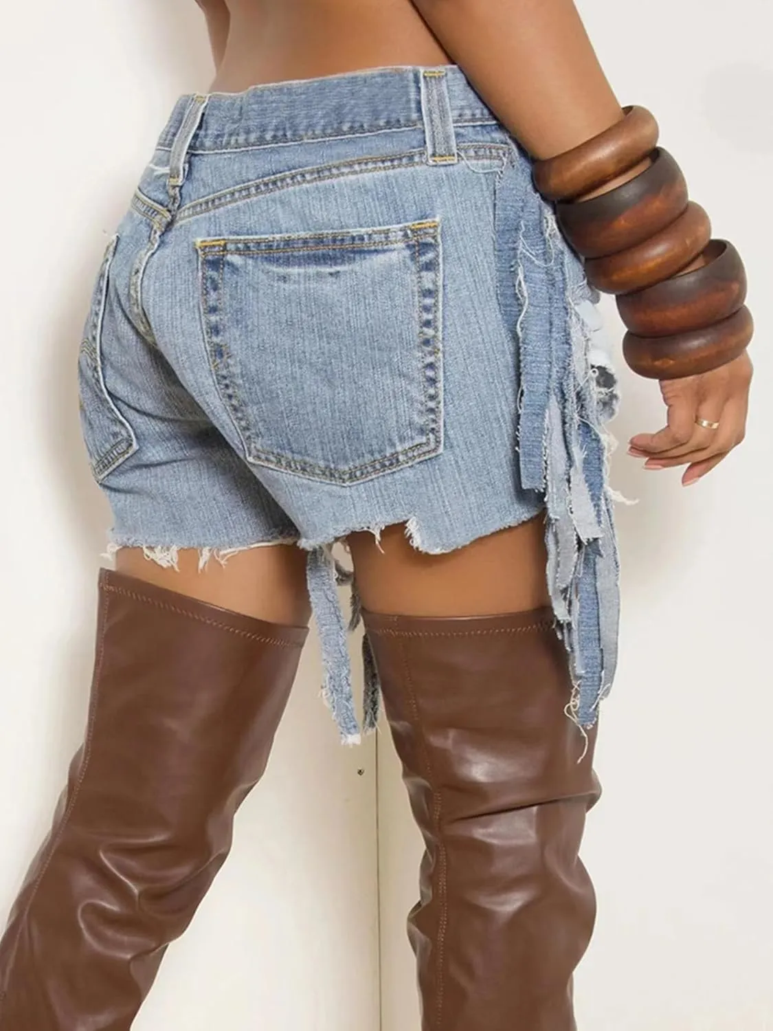 Women's High Waist Ripped Denim Shorts Tassels Hem Distressed Stretchy Trendy Summer Jean Shorts