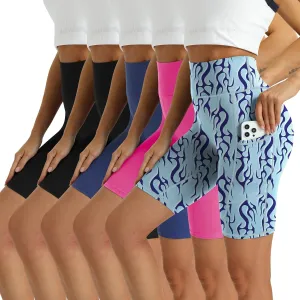 Women's High Waisted Biker Shorts 5 Pack - Tummy Control Yoga Workout Shorts with Pockets