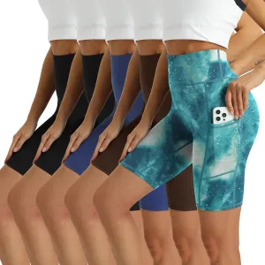 Women's High Waisted Biker Shorts 5 Pack - Tummy Control Yoga Workout Shorts with Pockets