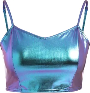 Womens Holographic Metallic Shiny Off Shoulder Crop Top Bustier Tube Top Blouse Rave Causal Strapless Basic Sexy Vest